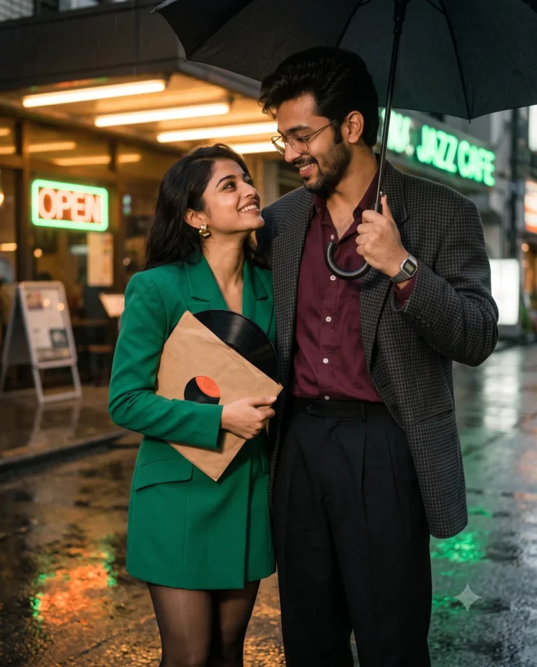 An 80s couple portrait under a black umbrella outside a rainy Tokyo jazz cafe at night.