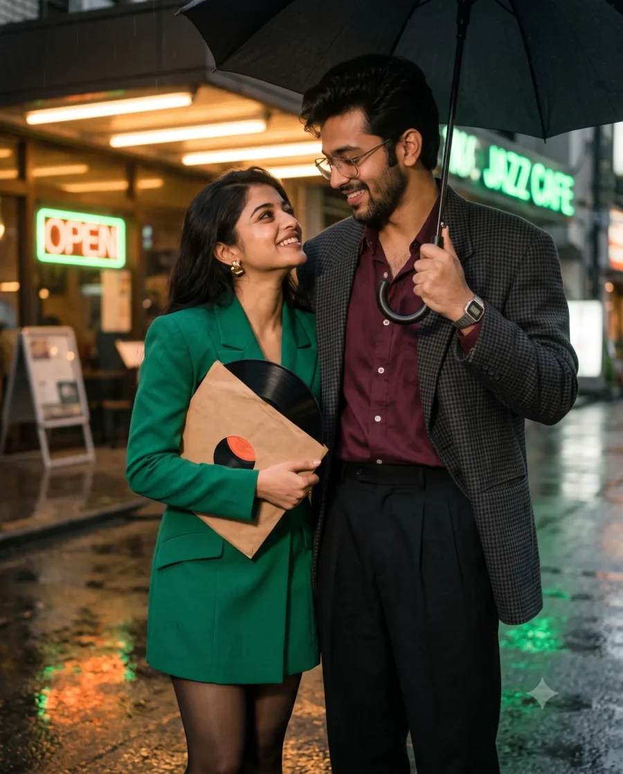An 80s couple portrait under a black umbrella outside a rainy Tokyo jazz cafe at night.