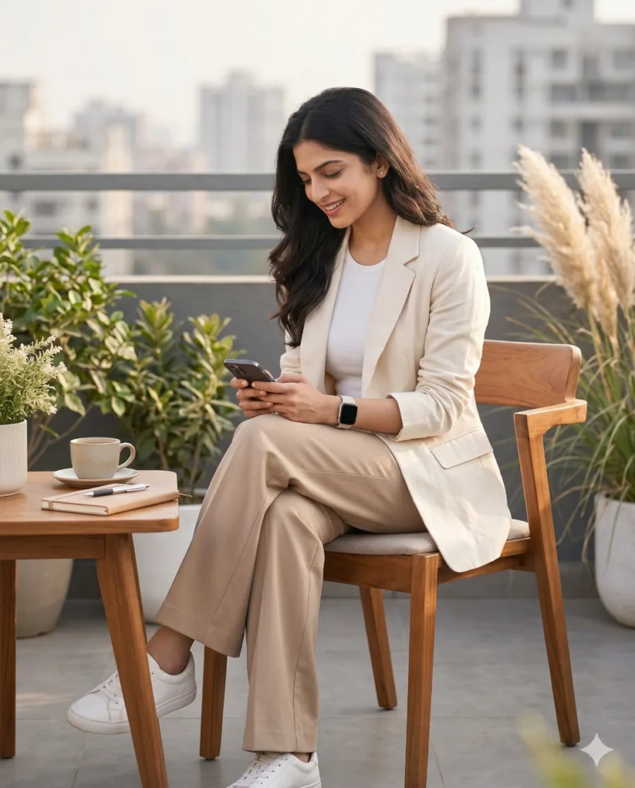 A photorealistic AI-generated woman wearing a cream linen blazer and beige trousers relaxing on a sunny rooftop, generated using our casual outfit prompt with soft natural daylight and cinematic lighting.