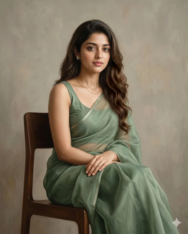 Realistic oil painting prompt: Sage Green Saree Portrait