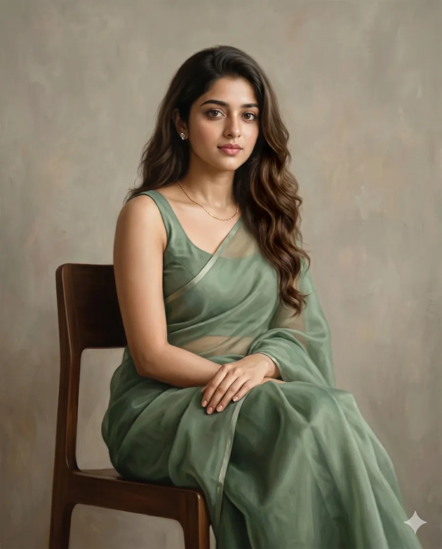 this prompt generates a realistic oil painting portrait of a young woman wearing a sage green organza saree. She sits gracefully on a dark wood chair against a minimal grey wall.