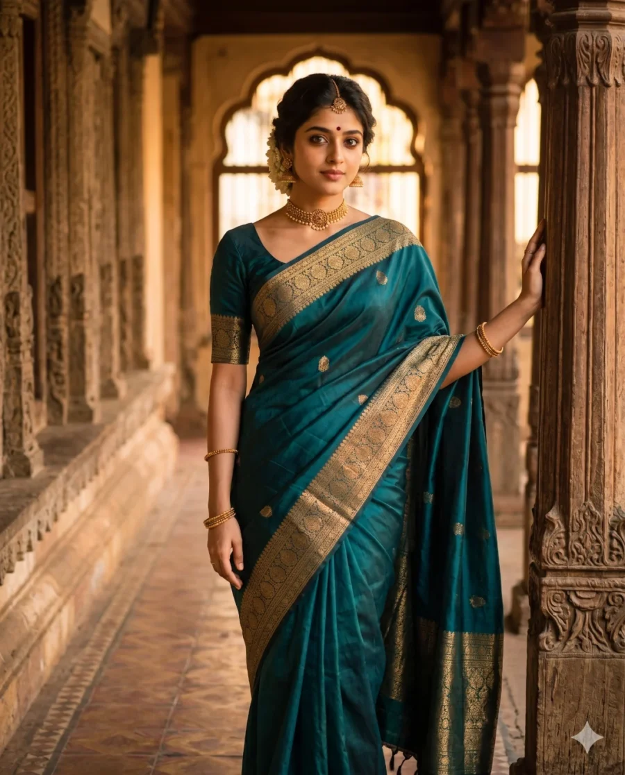 A woman in a teal Kanjivaram silk generated by a vintage saree prompt, standing near a carved pillar in golden light.