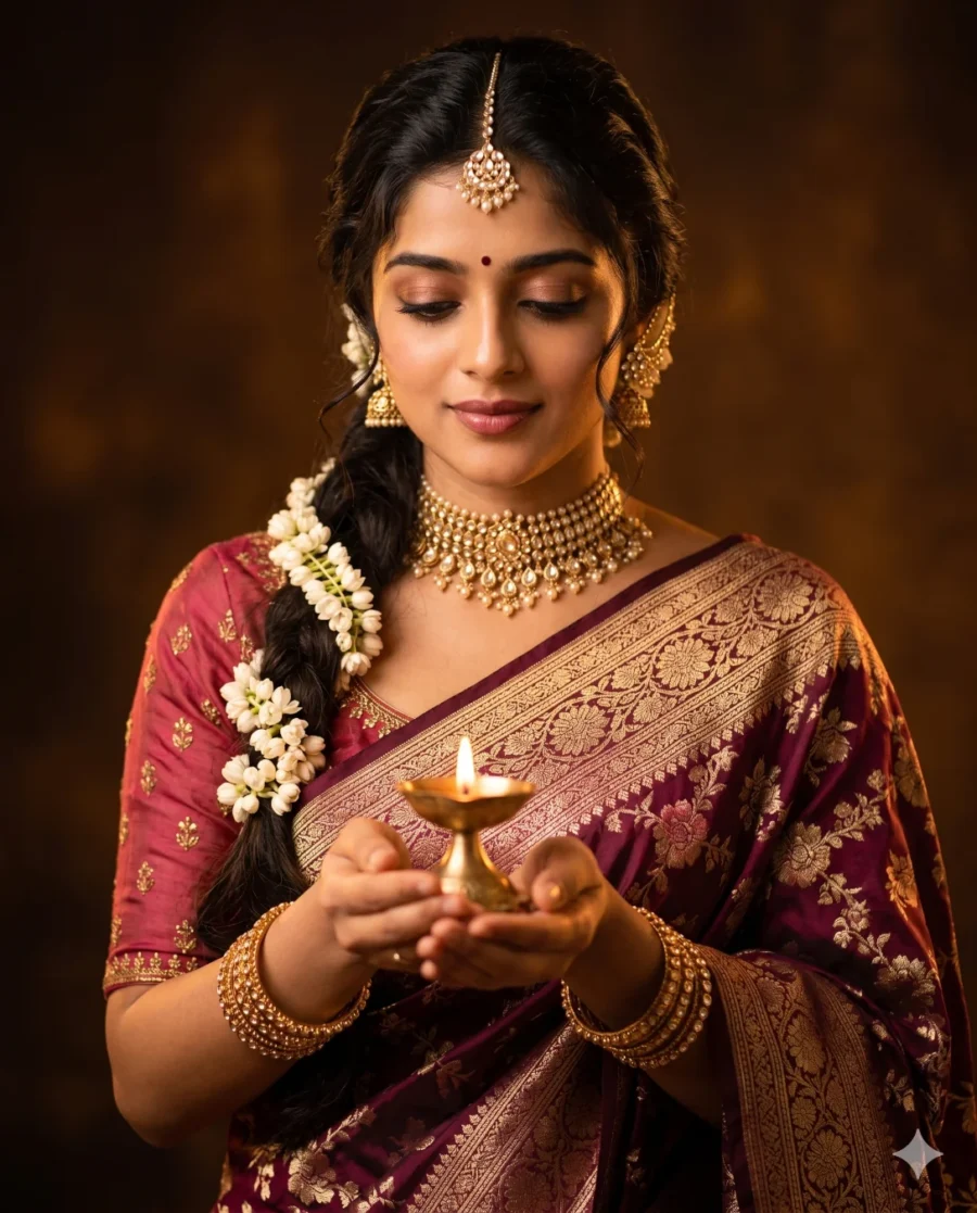 An ultra-realistic portrait of an Indian woman wearing a wine burgundy silk saree generated via a Banarasi saree prompt, holding a glowing festive diya under warm, moody light.