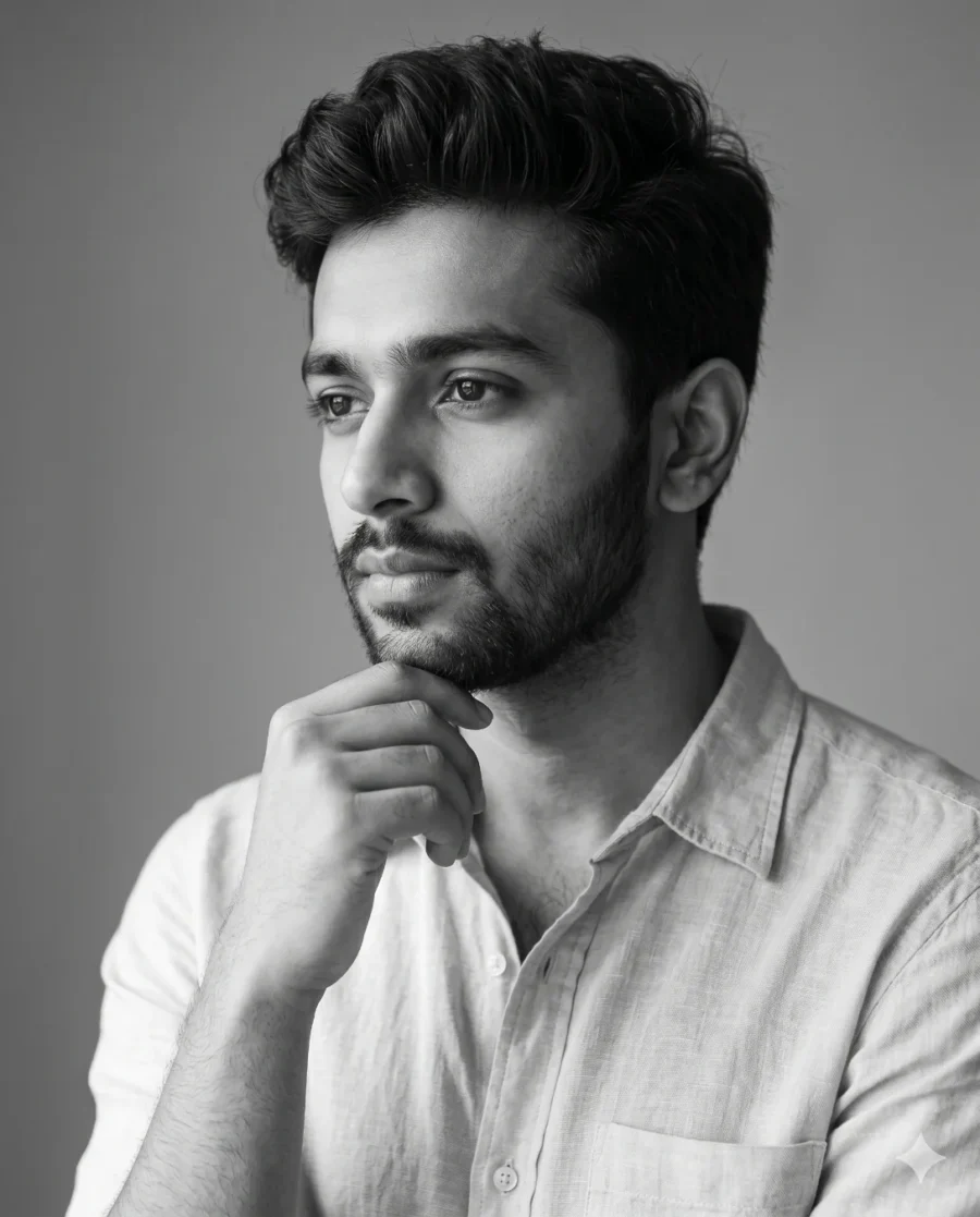 A thoughtful man in a linen shirt poses for a professional headshot, generated by a monochrome photo prompt.