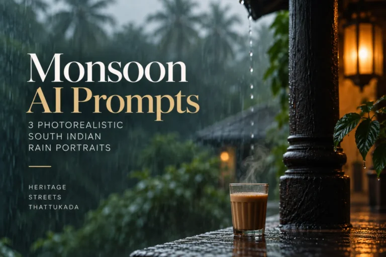 Monsoon AI prompt portrait of Rainy South Indian veranda