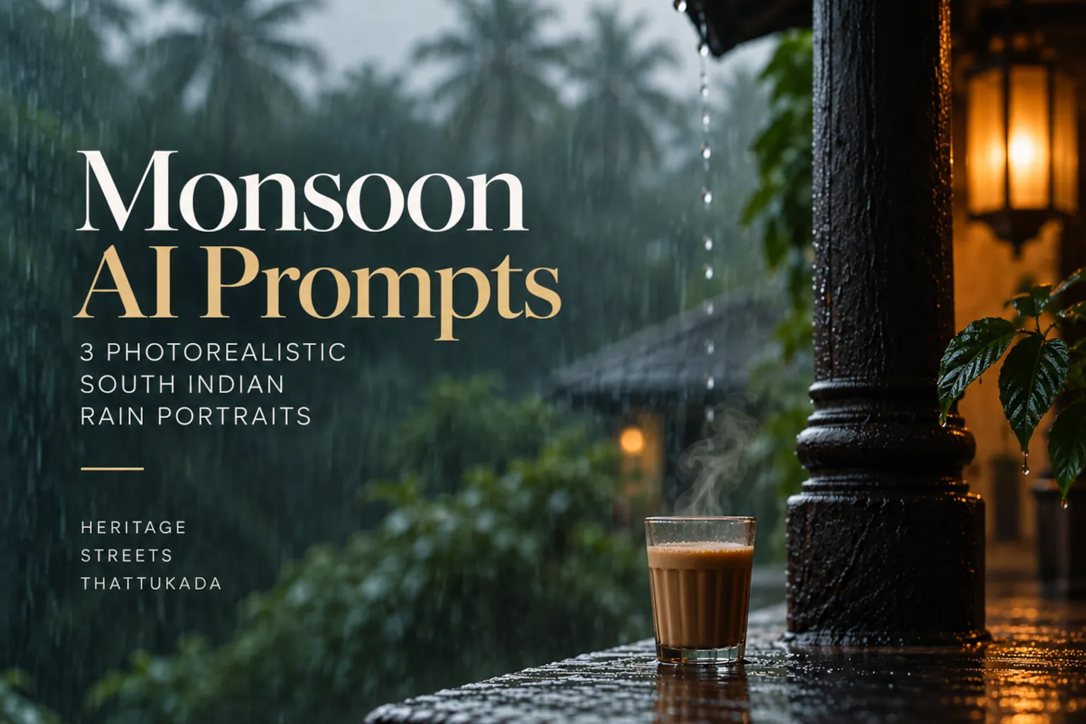 Monsoon AI prompt portrait of Rainy South Indian veranda