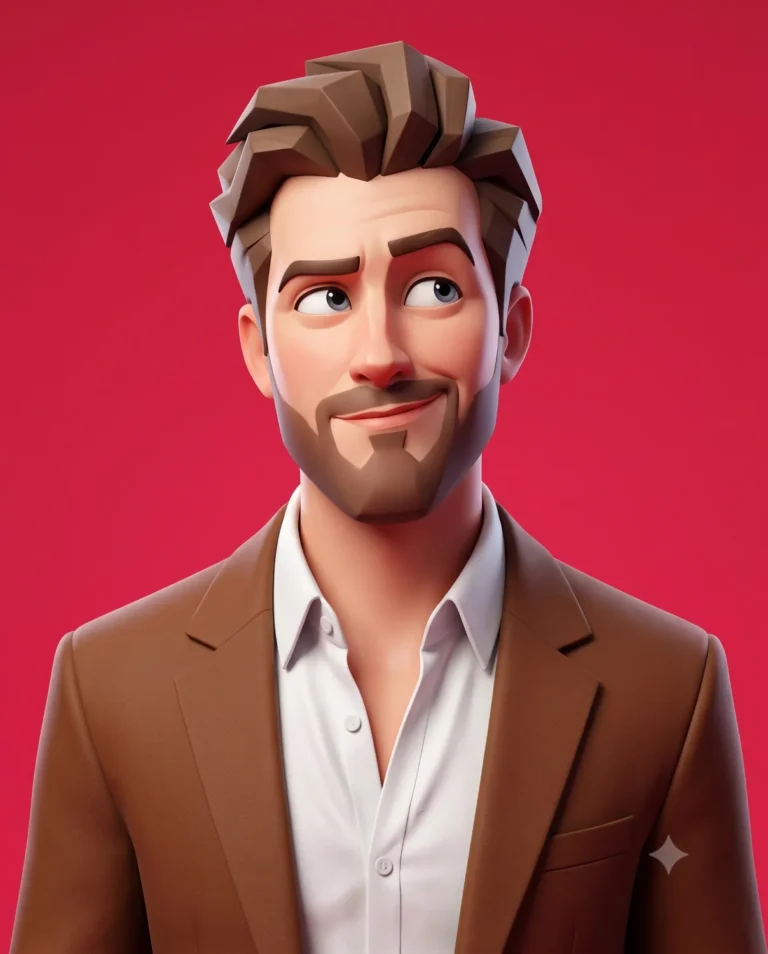 A 3d avatar prompt generating a man in a brown blazer glancing sideways against a solid crimson red background.