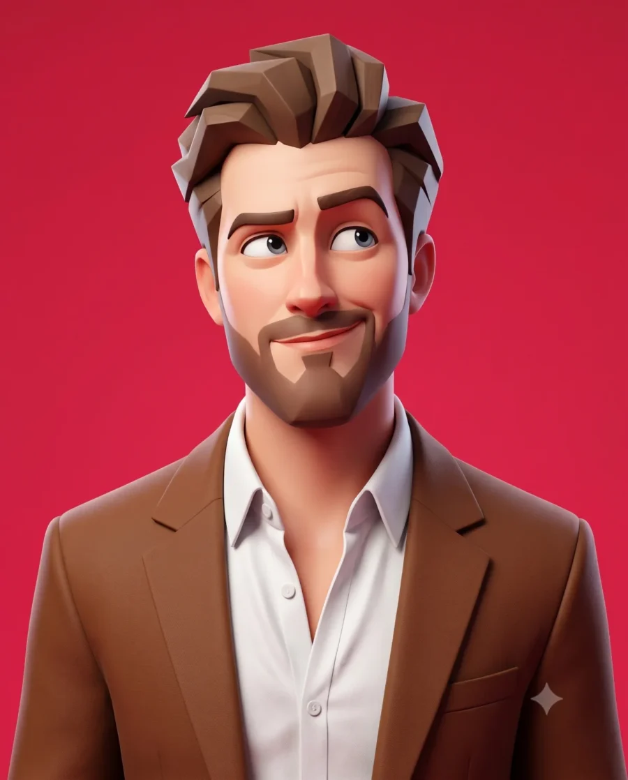A 3d avatar prompt generating a man in a brown blazer glancing sideways against a solid crimson red background.
