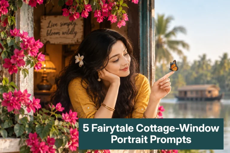 Kerala style fairytale cottage-window portrait, made using Gemini Prompt