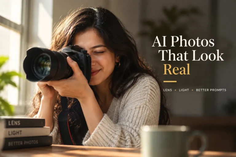Woman using a DSLR camera in warm natural light for realistic AI photography.