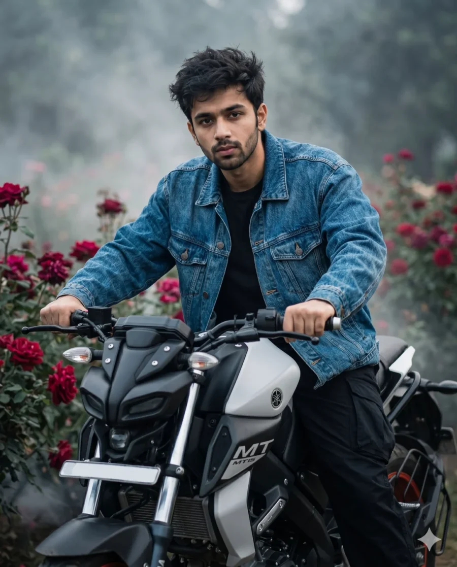 A man in a denim jacket on a Yamaha motorcycle in a rose garden, generated using a Gemini bike prompt.
