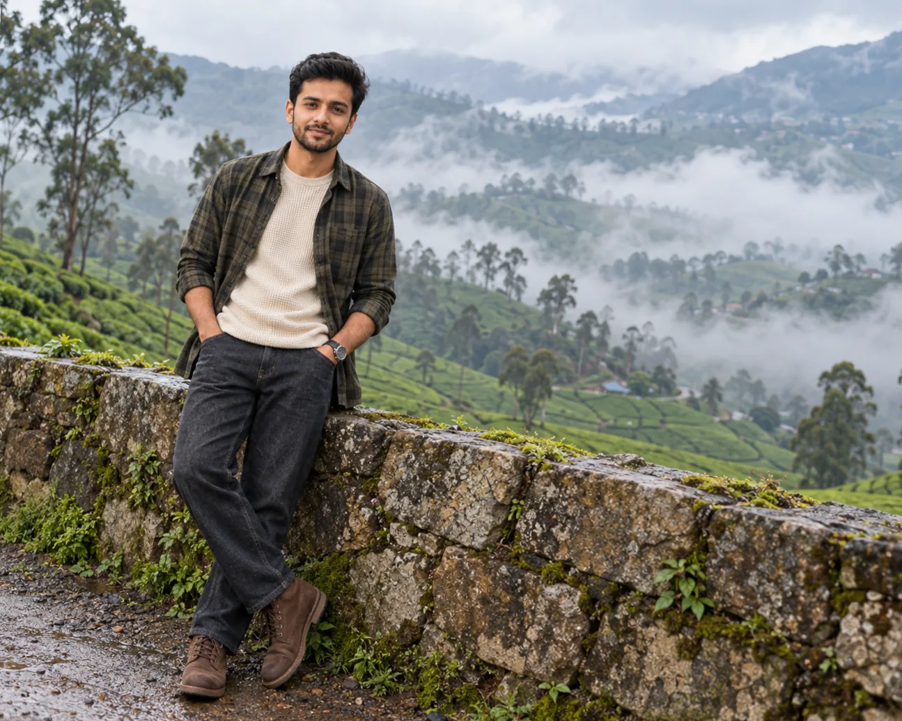 Cinematic fashion portrait of a South Asian man in knitwear overlooking misty Munnar tea plantations
