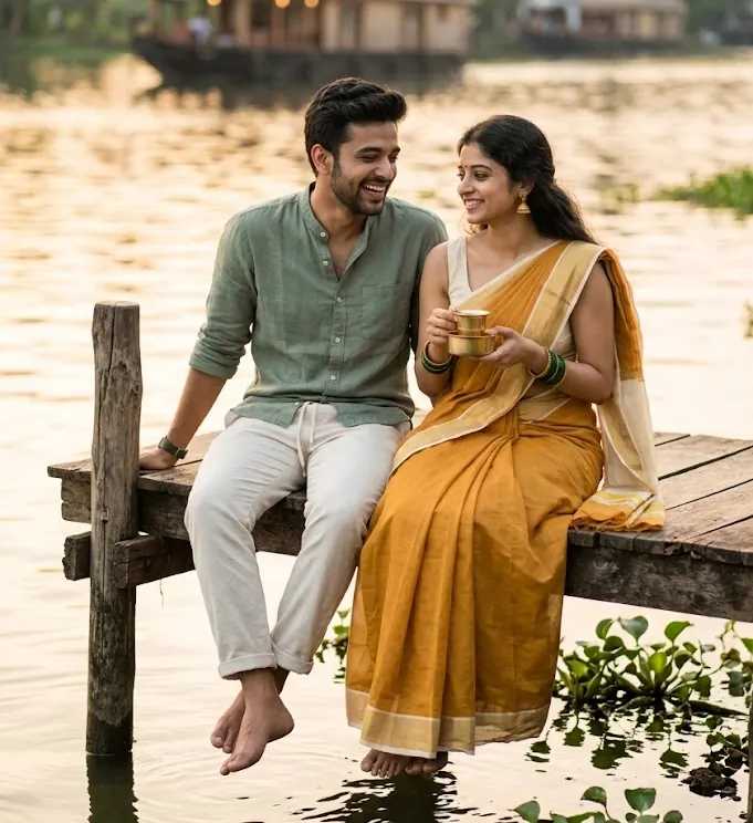 Couple drinking tea on a backwater boat jetty generated with couple photo prompts.
