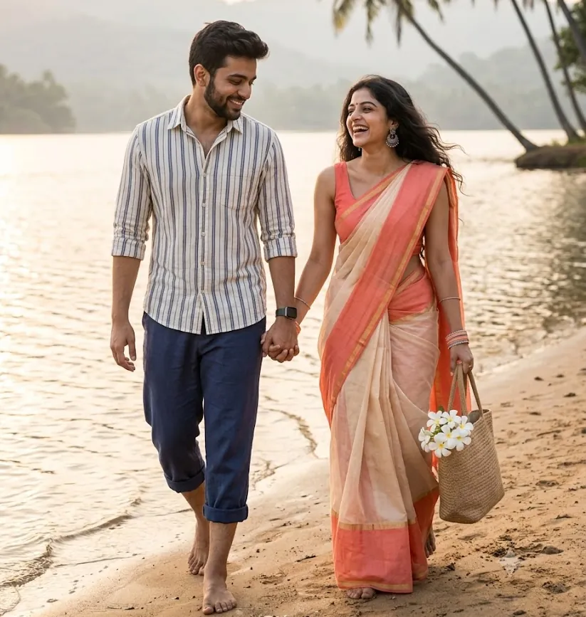 Couple walking barefoot along a sandy shoreline generated with couple photo prompts.