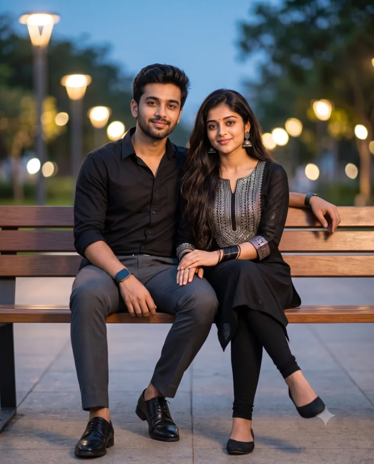 A beautiful couple photo prompt generating a sophisticated pair in black clothing on a park bench during twilight.