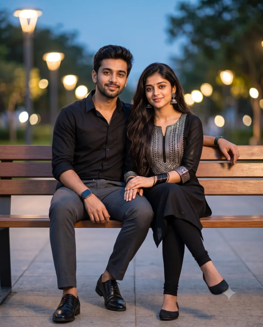 A beautiful couple photo prompt generating a sophisticated pair in black clothing on a park bench during twilight.