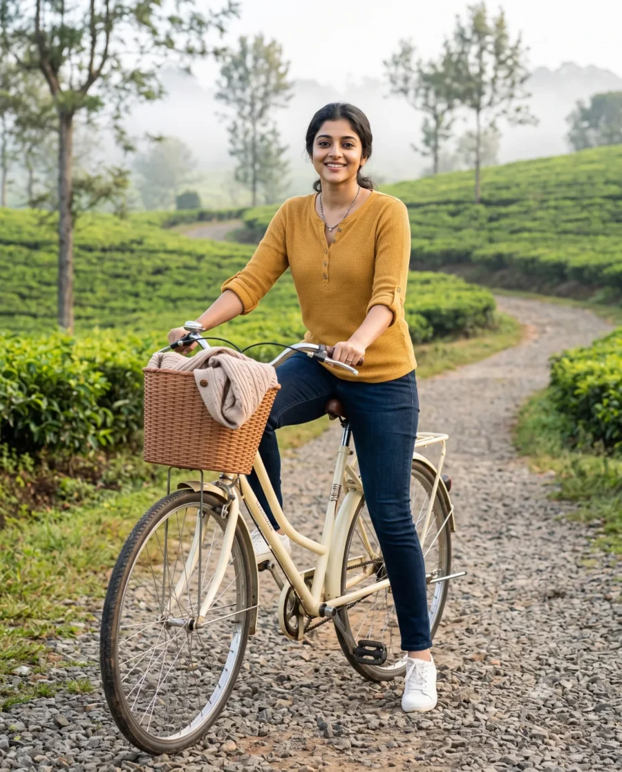Bicycle lifestyle portrait of a smiling woman in a yellow henley paused on a gravel trail in the misty hills.