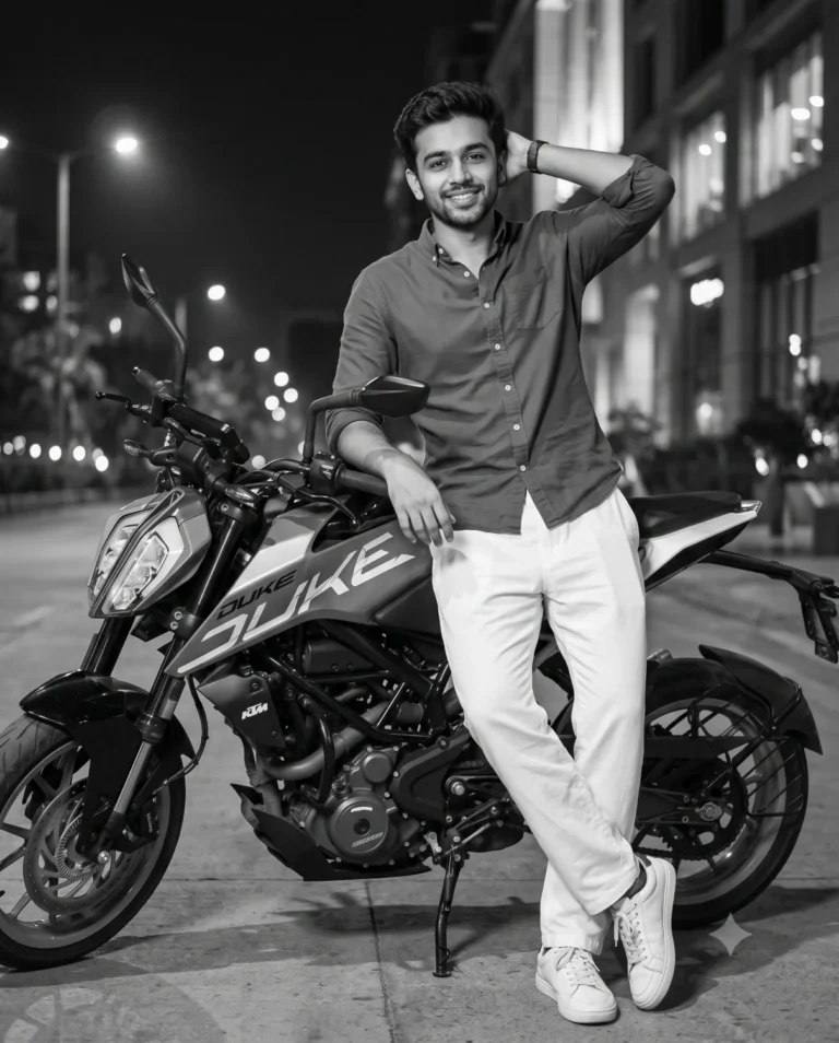 A stunning black and white AI prompt generation showing a man casually leaning on a modern KTM motorcycle under streetlights.