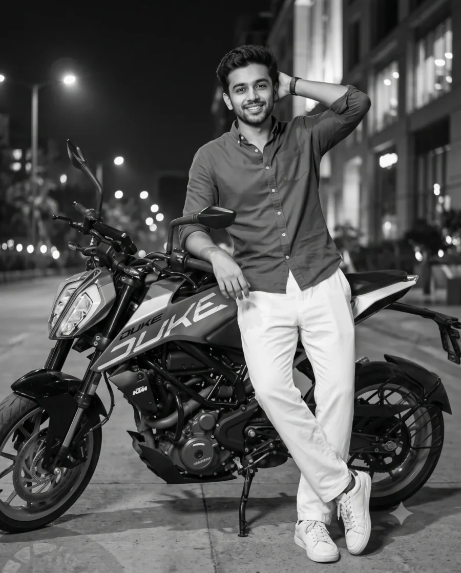 A stunning black and white AI prompt generation showing a man casually leaning on a modern KTM motorcycle under streetlights.