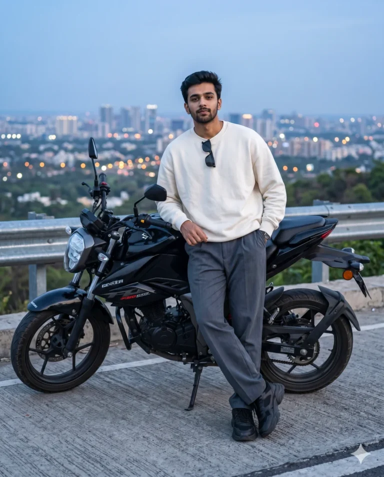 A South Asian man in a cream sweater leaning against a black Suzuki motorcycle at twilight, generated via Bike Photo Prompt.