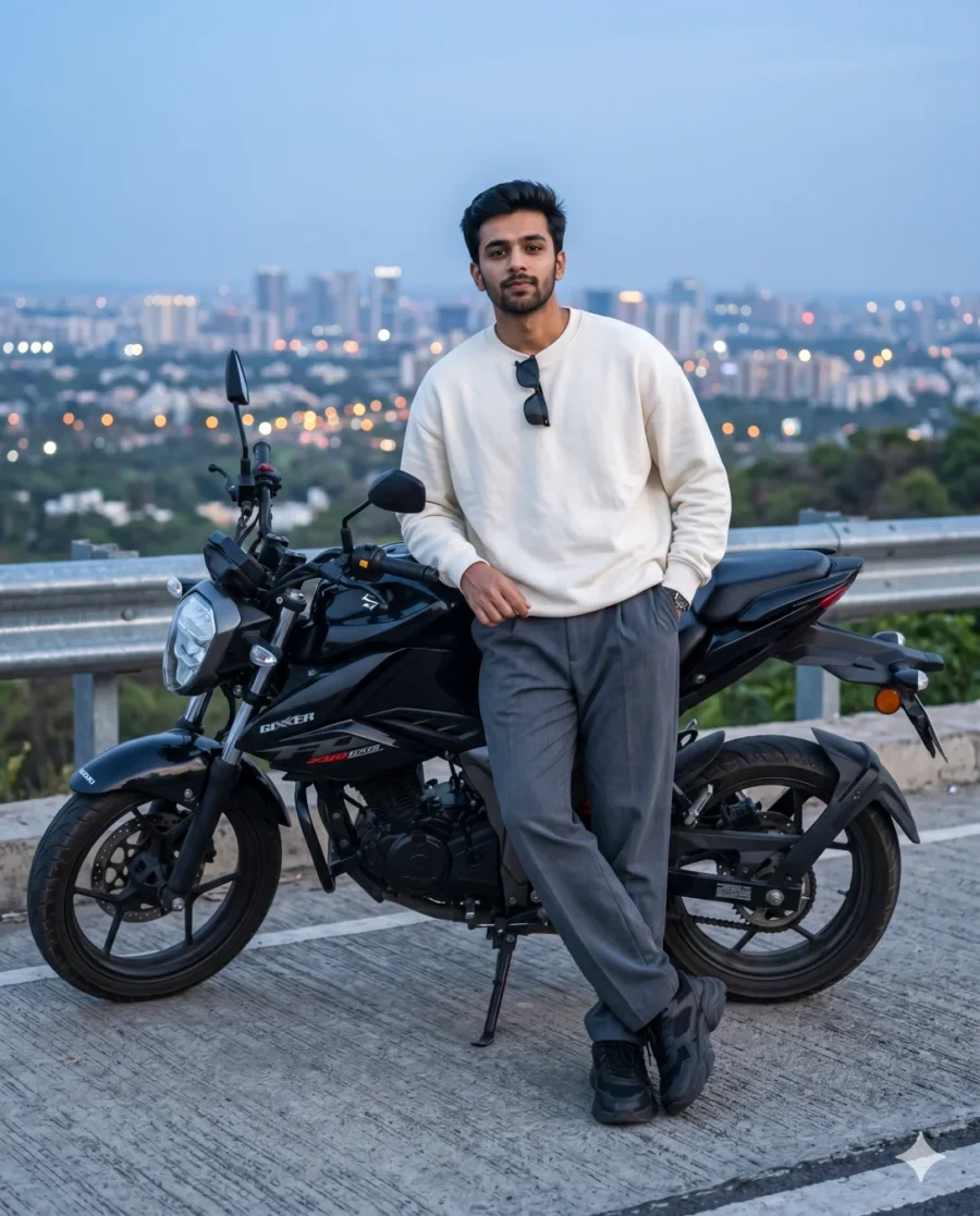 A South Asian man in a cream sweater leaning against a black Suzuki motorcycle at twilight, generated via Bike Photo Prompt.