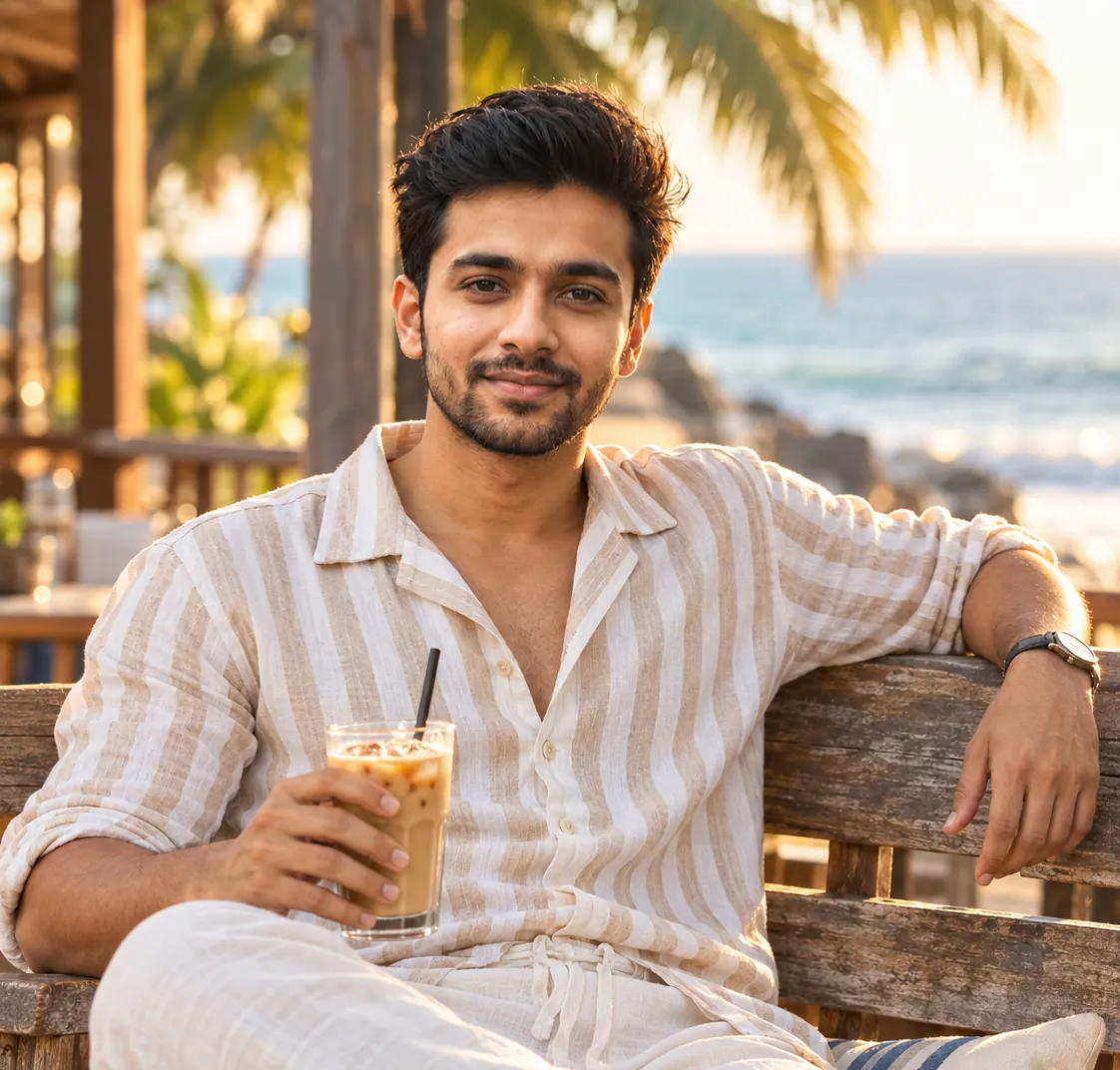 A man in a striped linen shirt sits on a bench holding a glass, with palm trees and the ocean in the distance.