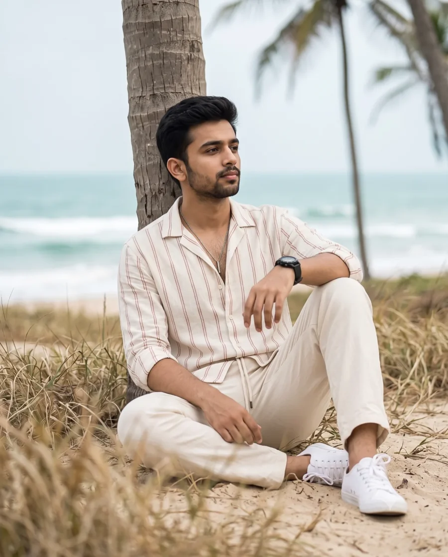 A coastal resort wear portrait of a man in a striped linen shirt seated beneath a palm tree on the beach.