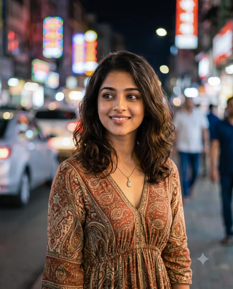 A candid night portrait of a smiling woman in a bohemian dress against colorful city bokeh.