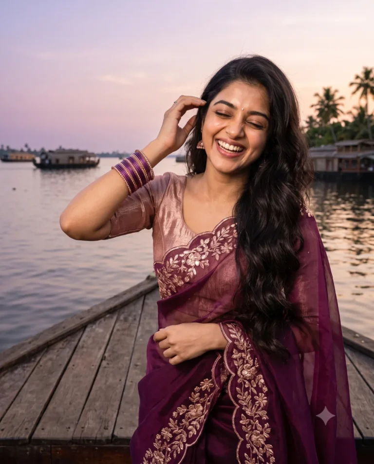 Woman smiling in a purple saree prompt portrait on a backwater deck at sunset.