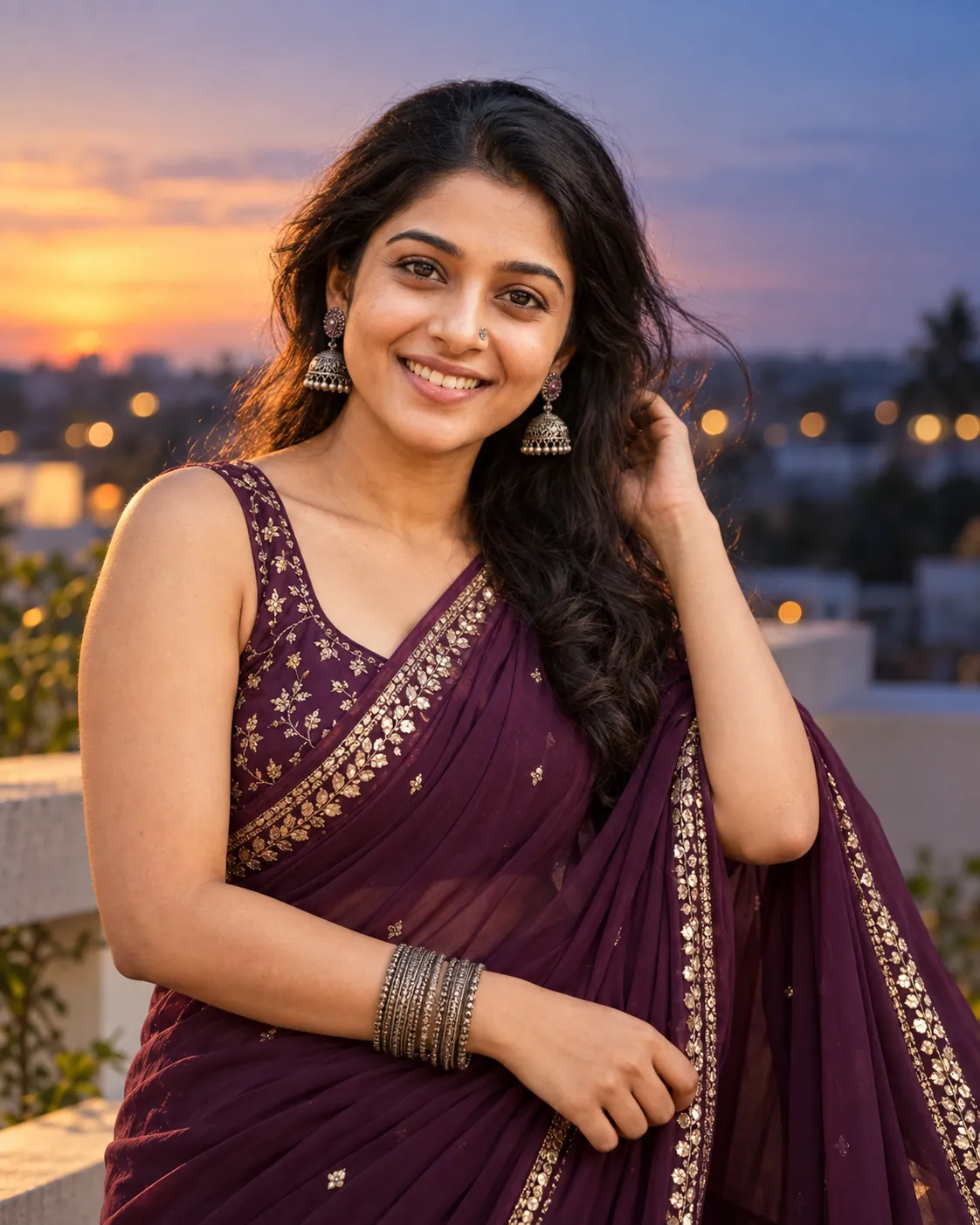 Candid twilight portrait of a South Asian woman wearing a plum purple georgette saree