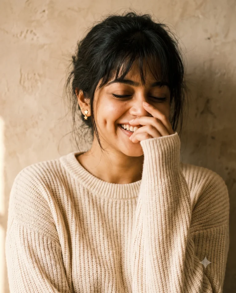 Candid Woman Portrait of a smiling subject in a cream ribbed sweater against a beige wall in warm lighting.
