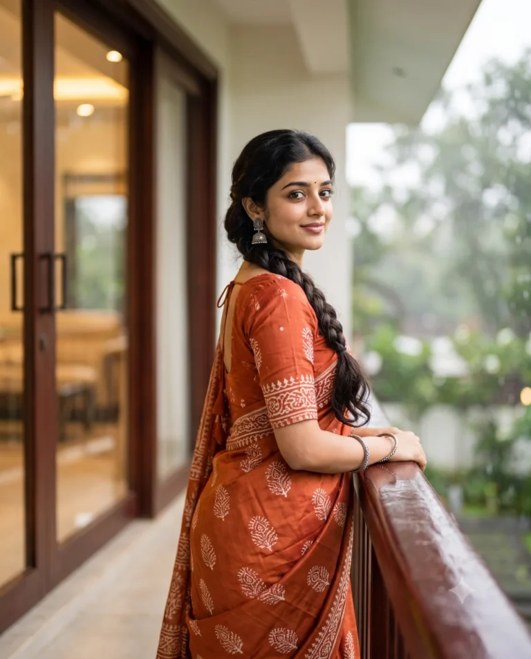 An AI-generated rainy day prompt showing a woman in a terracotta saree smiling on a balcony during a monsoon.