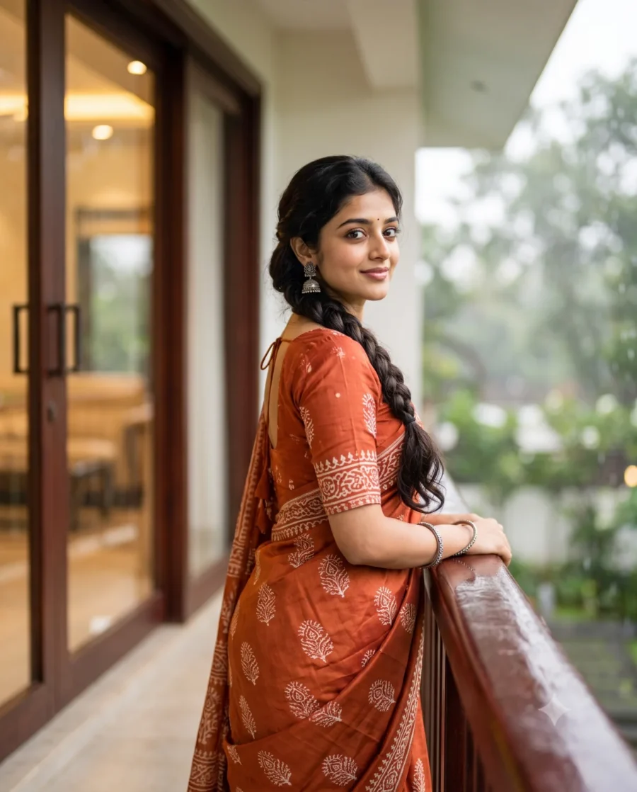 An AI-generated rainy day prompt showing a woman in a terracotta saree smiling on a balcony during a monsoon.