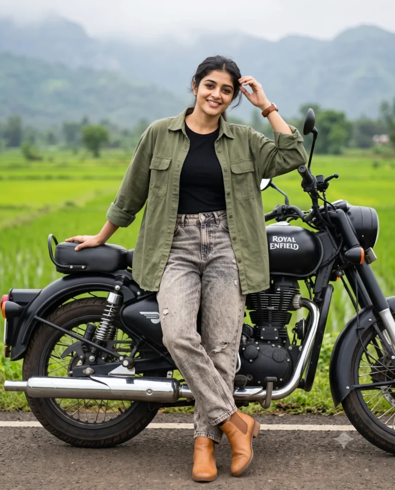 A young woman posing for a Royal Enfield bike portrait beside green paddy fields and distant mountains.