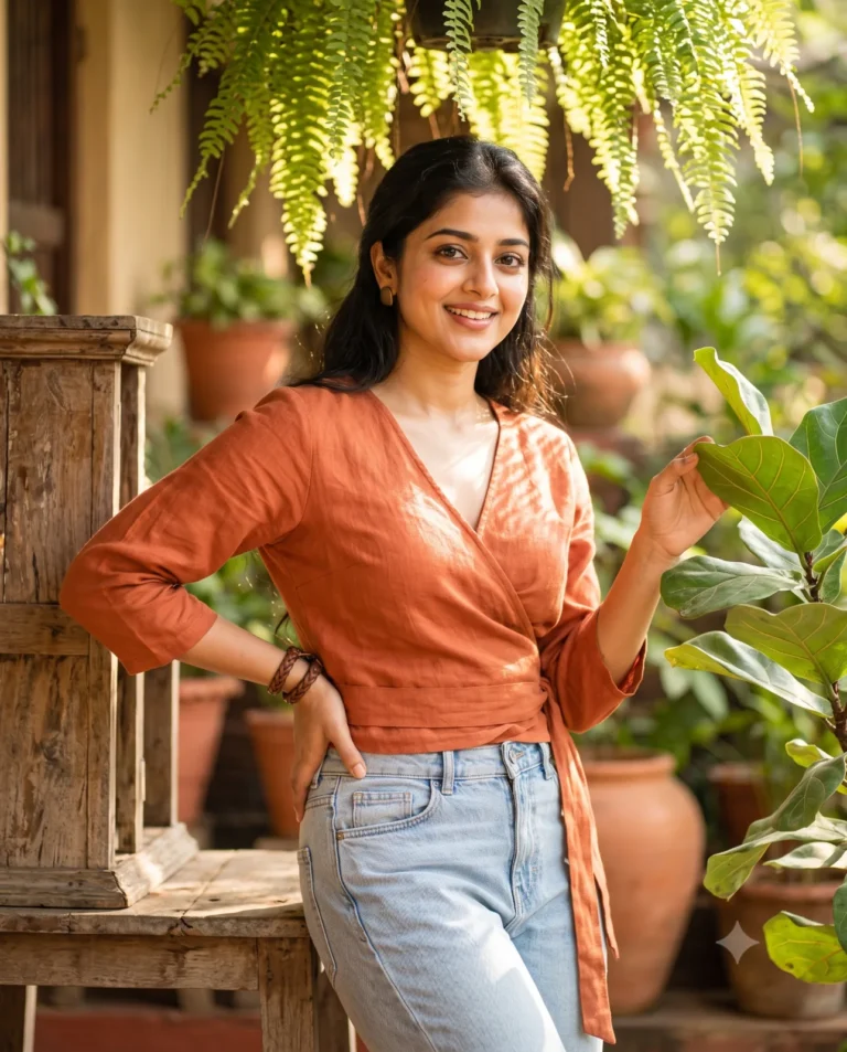 Veranda garden lifestyle portrait of a smiling woman in a terracotta blouse by lush potted plants in morning sunlight.