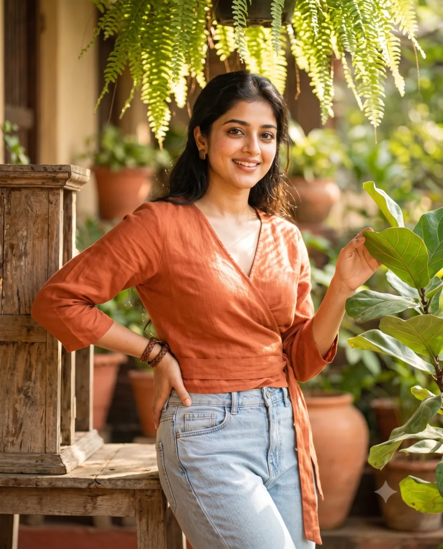 Veranda garden lifestyle portrait of a smiling woman in a terracotta blouse by lush potted plants in morning sunlight.
