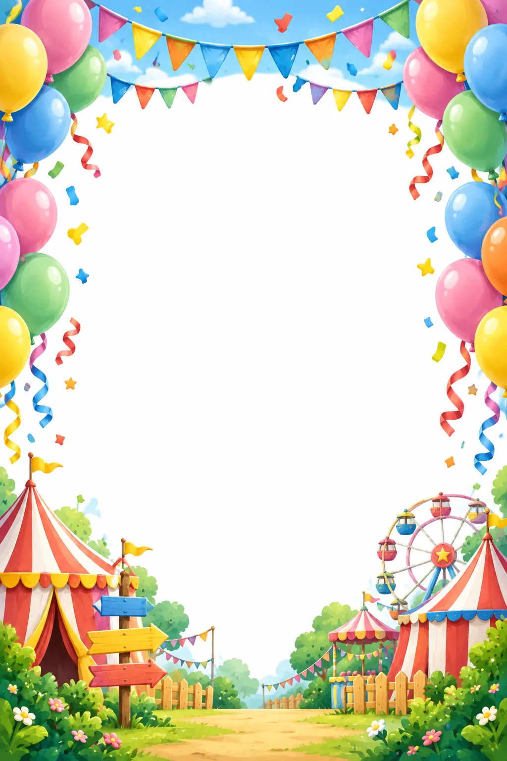 A blank carnival themed birthday poster background featuring pastel balloons, circus tents, and a clean white center for adding custom text.