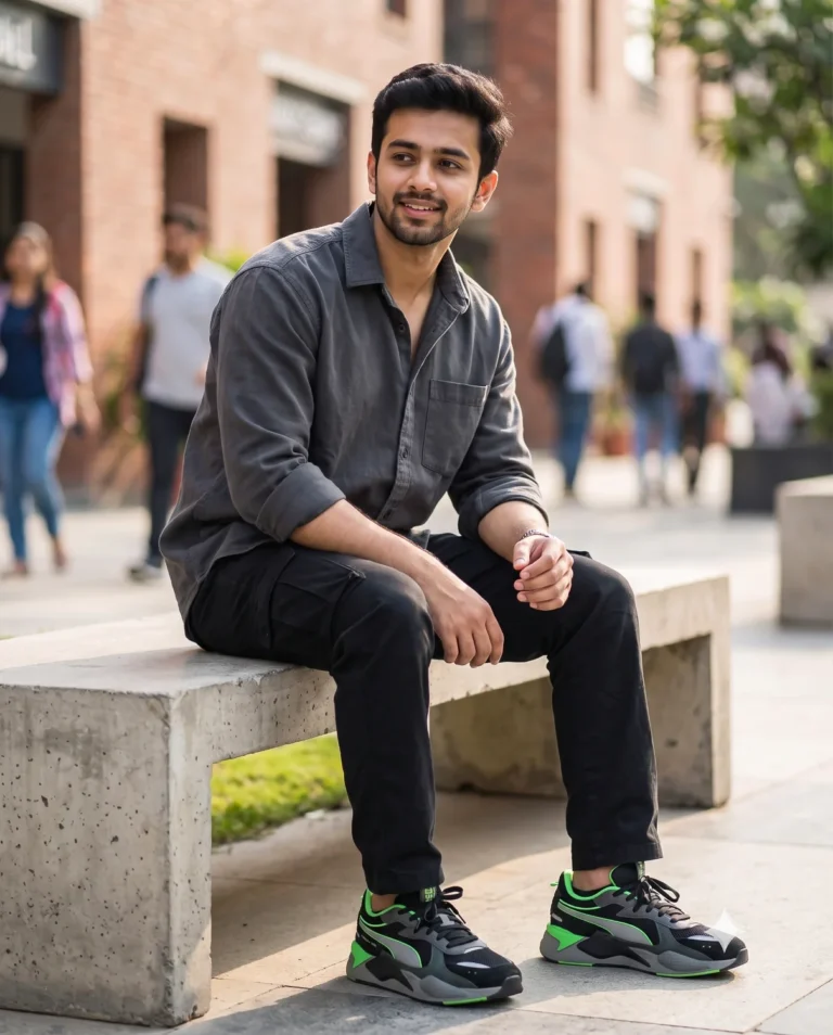 An urban street photography sitting pose prompt of a relaxed man in a charcoal shirt resting on a concrete bench.
