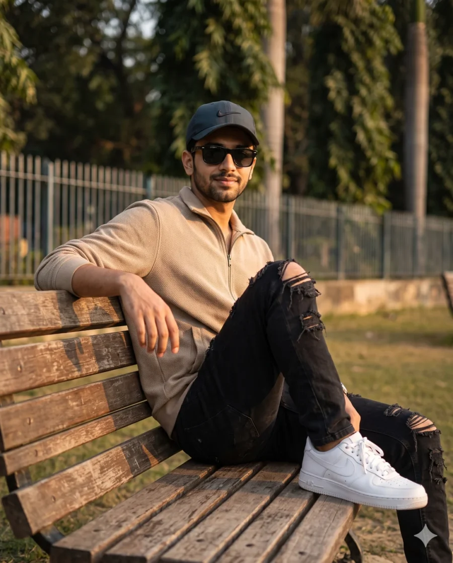 A casual photo prompt generating a realistic portrait of a young man in a beige jacket on a park bench at sunset.