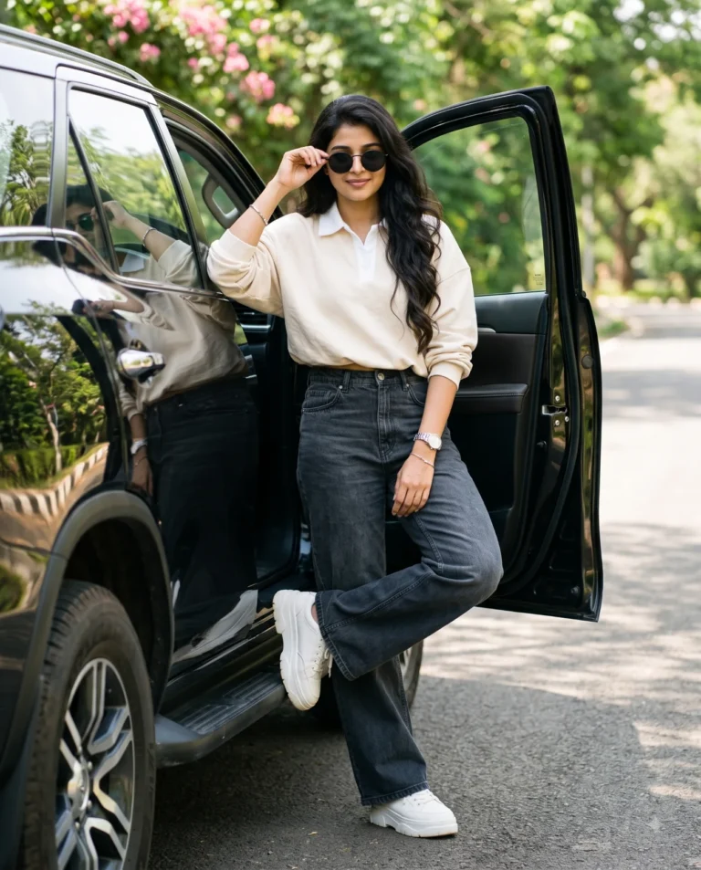 A cinematic woman pose prompt generating a young woman in casual fashion leaning against a glossy black SUV on a bright sunny day.