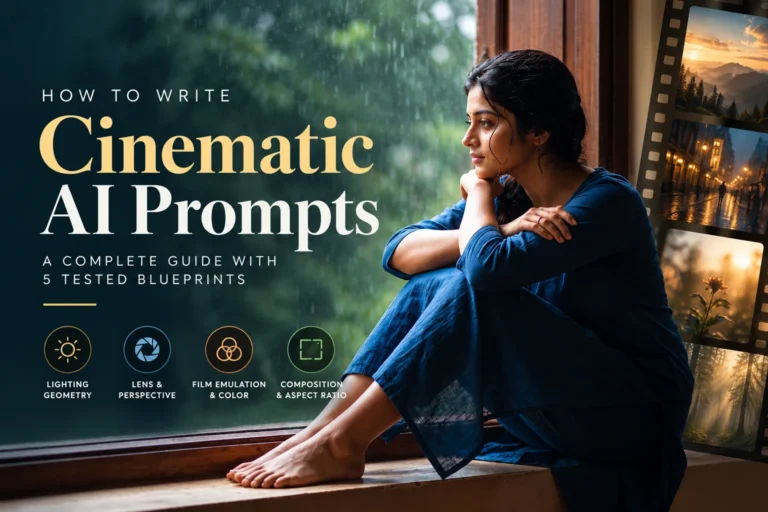 Cinematic prompts guide showcasing lighting geometry, 85mm lens depth, and authentic film color grading.