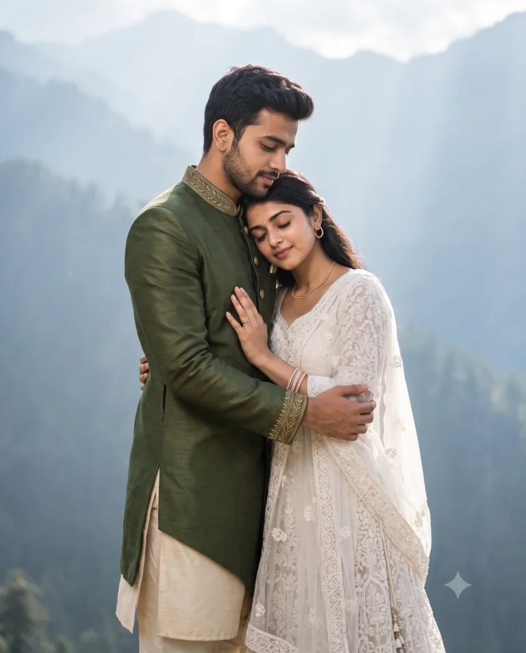 A breathtaking Cinematic Couple Portrait of a man and woman in elegant traditional attire embracing in a mountain landscape.