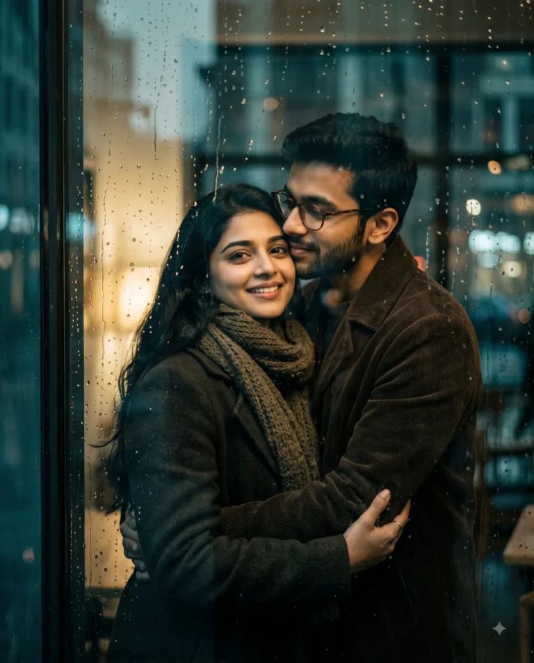 A cinematic Rainy Window Portrait of a young man and woman embracing behind wet glass reflecting warm city lights.