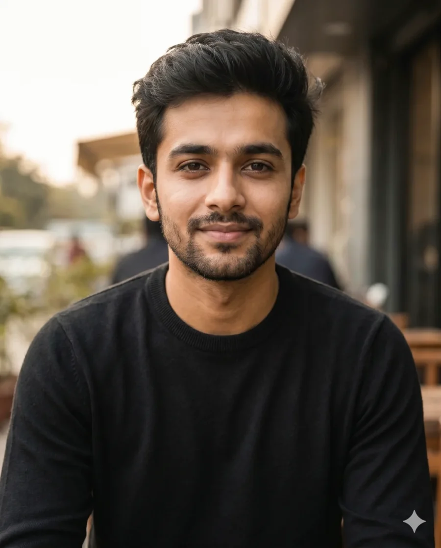 Young man outdoors in a black sweater. A flawless portrait generated using a cinematic DP prompt with golden hour lighting.