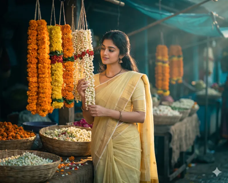 A woman in a pale yellow saree at a flower market, demonstrating dramatic cinematic AI portrait lighting with a warm golden key light and cool teal shadows.