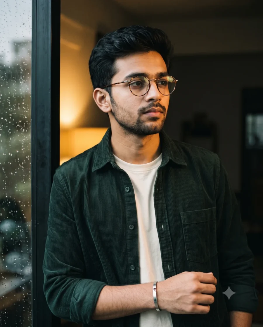 Cinematic portrait man in glasses and green corduroy looking through a rainy window in warm light.
