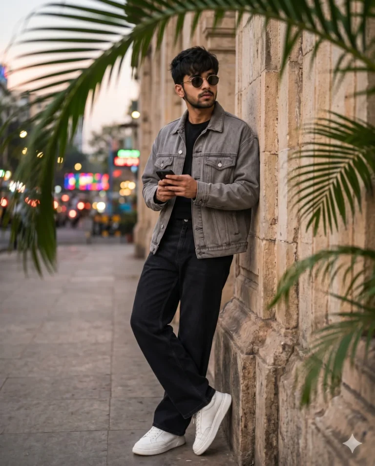 A cinematic photo pose prompt showing a man in a denim jacket leaning on a stone wall at sunset.