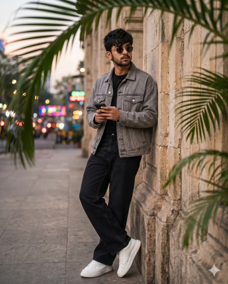 A cinematic photo pose prompt showing a man in a denim jacket leaning on a stone wall at sunset.