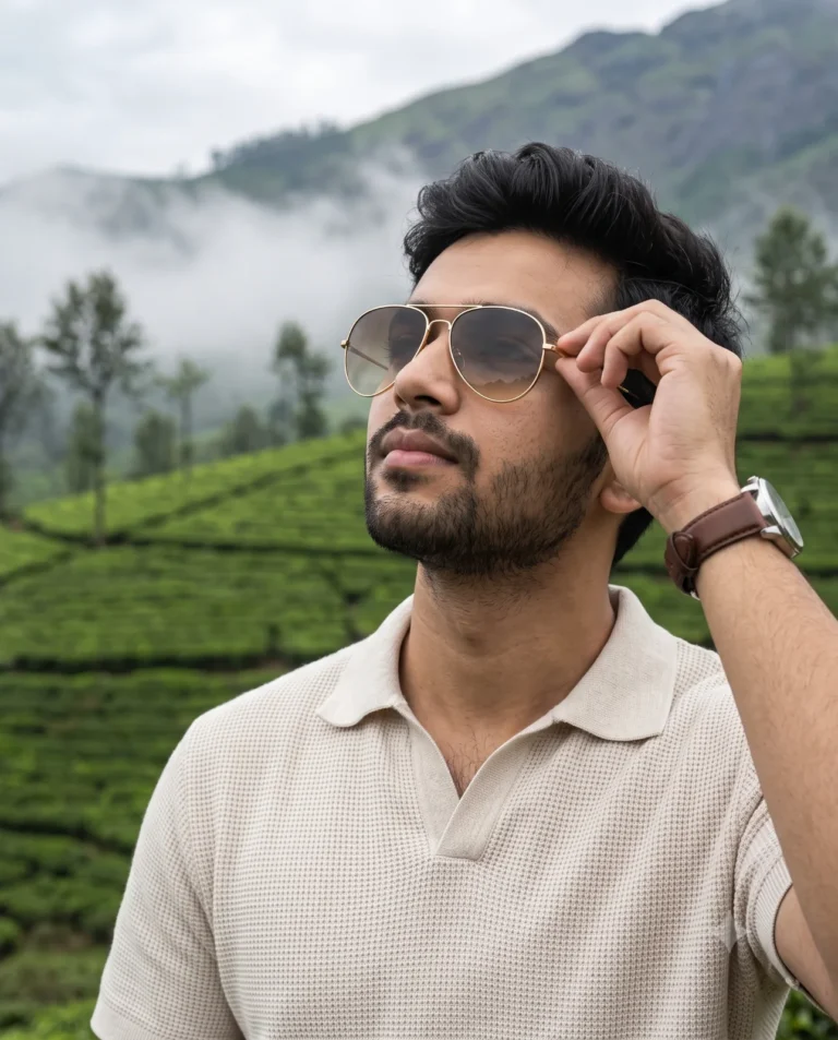 Cinematic mountain portrait of a man in gold aviators and a knit polo overlooking misty tea hills.