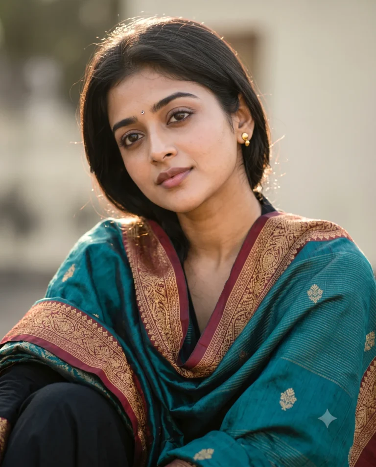 A highly detailed cinematic woman portrait wearing a teal and red silk shawl with a small bindi and gold earrings.
